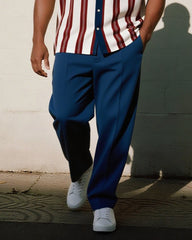 Big & Tall Men's Business Wine Red Blue Colorblock Striped Printed Pocket Short Sleeve Shirt Trousers Suit
