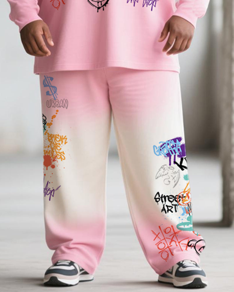 Big & Tall Men's Pink Gradient Graffiti Bear Print Long Sleeve T-Shirt Pants Suit