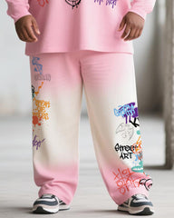 Big & Tall Men's Pink Gradient Graffiti Bear Print Long Sleeve T-Shirt Pants Suit