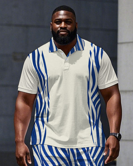 Big & Tall Men's Simple Stripe Printed Short Sleeve Polo Shirt Shorts Set