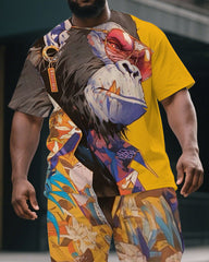 Men's Big & Tall Oil Painting Abstract Gorillas Print Casual Short-Sleeved T-shirt & Short Set