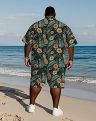 Men's Plus Size Hawaiian Chrysanthemum Pineapple Leaf Print Shirt Shorts Suit