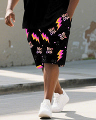 Men's Plus Size Street Graffiti Black Fun BIGGMANS Letter Print Round Neck Short Sleeve T-Shirt Shorts Suit