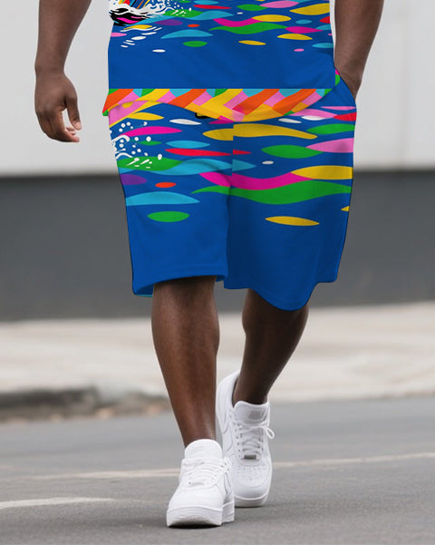Big Guy's Dreamy Dolphin Abstract Cartoon Printed Casual Short-Sleeve Polo Shirt & Shorts Set