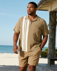 Big & Tall Men's Business Khaki Striped Print Short Sleeve Zip Polo Shirt Shorts Suit