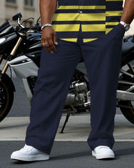 Men's Plus Size Business Royal Blue & Yellow Square Arrangement Short Sleeve Shirt Trousers Suit