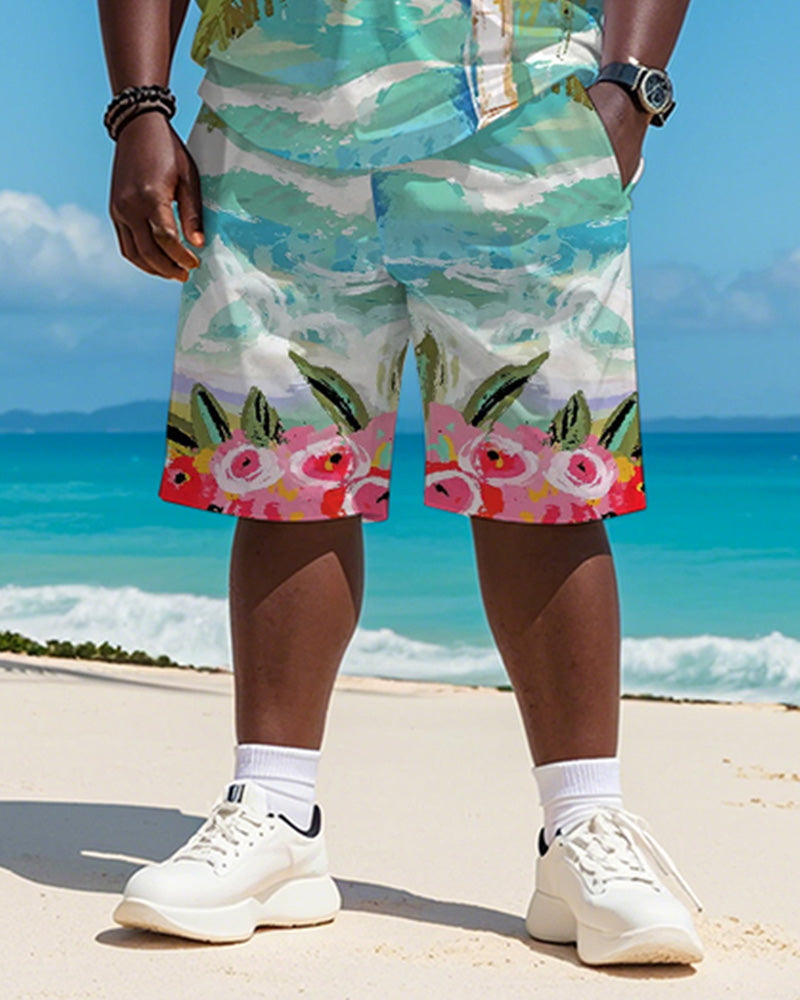 Big & Tall Men's Hawaiian Coconut Flower Graffiti Print Round Neck Short Sleeve T-Shirt Shorts Suit