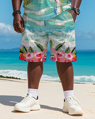 Big & Tall Men's Hawaiian Coconut Flower Graffiti Print Round Neck Short Sleeve T-Shirt Shorts Suit