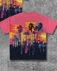 Men's Plus Size Street Fashion Neon Color Block Palm Tree Silhouette Print Round Neck Short Sleeve T-Shirt