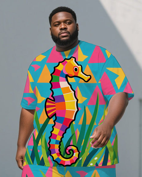 Big Guy's Animal World Triangle Seahorse Printed Short Sleeve T-shirt Pants 2-Piece Set