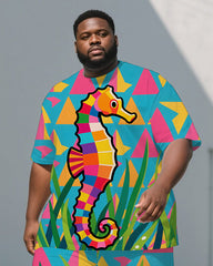 Big Guy's Animal World Triangle Seahorse Printed Short Sleeve T-shirt Pants 2-Piece Set