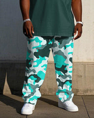 Men's Plus Size Green Camouflage Stitching Design Short Sleeve T-Shirt Trousers Suit