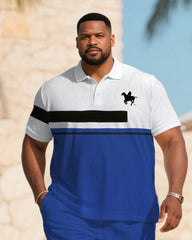 Men's large size Blue & White Colorblock Chest Pony Print Short-sleeved polo shorts set