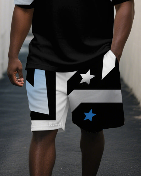 Big Men's Casual Simple Stars Geometric Style Short-Sleeve Polo Shirt Shorts 2-Piece Set
