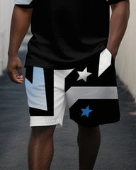 Big Men's Casual Simple Stars Geometric Style Short-Sleeve Polo Shirt Shorts 2-Piece Set