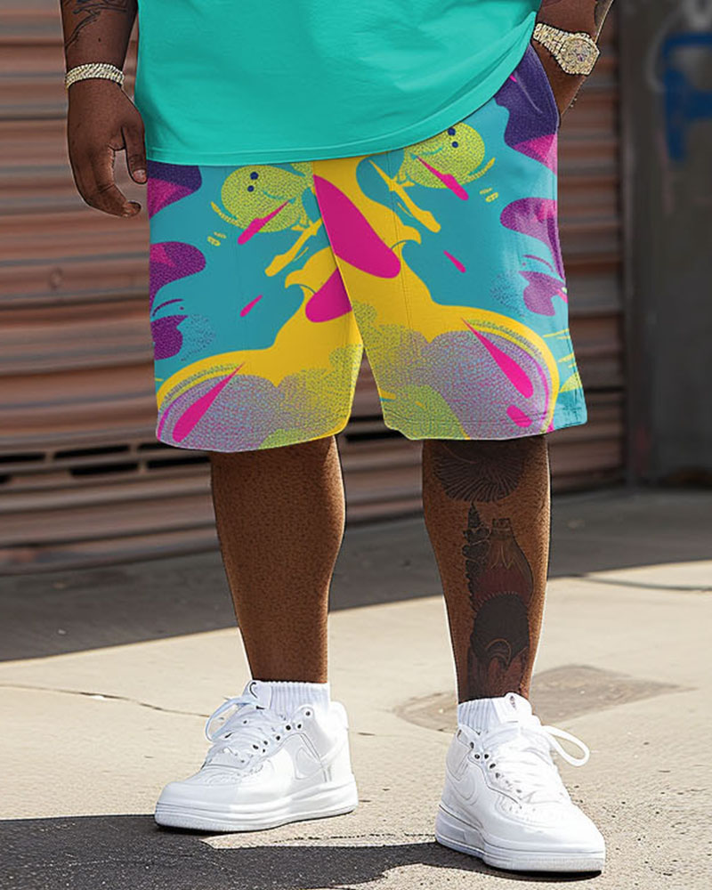 Men's Plus Size Street Fashion Pop Art Funny "Colored Wolf" Printed T-Shirt Shorts Suit