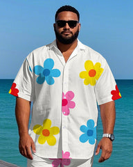 Big Men's Hawaii Theme Romantic Small Flower Printed Daily Casual Short Sleeve Shirt Shorts Set