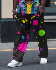 Men's Splash Graffiti Cool Bear Printed Street Fashion Short Sleeve T-shirt Pants 2-Piece Set