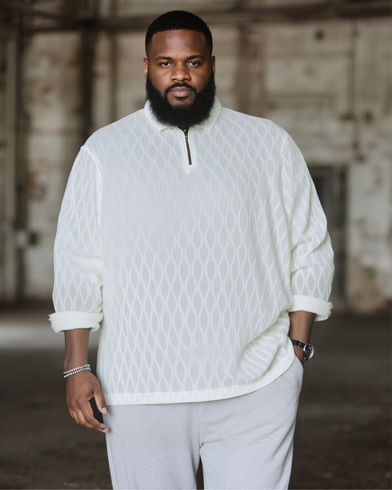 Big & Tall Men's White-Autumn And Winter Jacquard Texture Knitted Fabric Metal Zipper Long Sleeve POLO Shirt