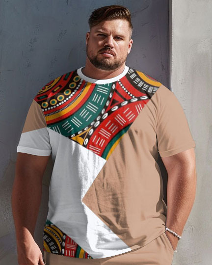 Men's Plus Size Simple Fashion Ethnic Geometric Stitching Printed T-shirt Shorts Suit