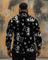 Men's Plus Size Business Black And White Diamond Flower Geometric Print Long Sleeve Shirt