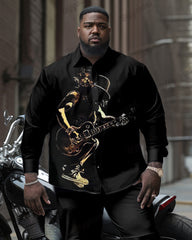 Musician Playing Guitar Long Sleeve Lap Collar Shirt 2 Piece Set Men's Plus Size