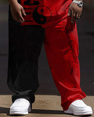 Men's Large Size Hip Hop Tai Chi Yin Yang Street Color Matching Retro Casual Two Piece Set