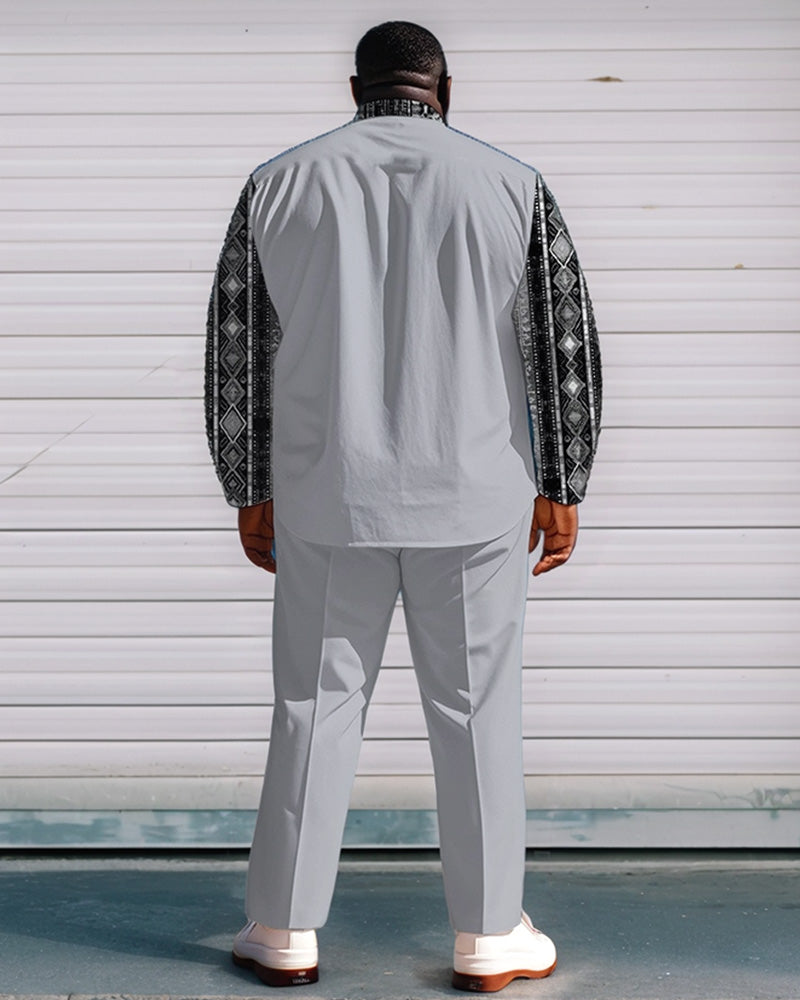 Men's Plus Size Grey Patchwork Ethnic Geometric Print Long Sleeve Shirt Trousers Suit