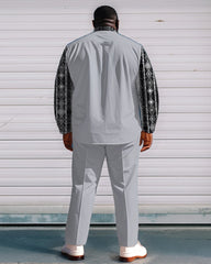 Men's Plus Size Grey Patchwork Ethnic Geometric Print Long Sleeve Shirt Trousers Suit