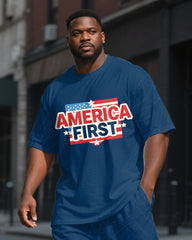 Men's Big & Tall Street Fashion Flag America First Printed Short Sleeve T-shirt Pants Suit