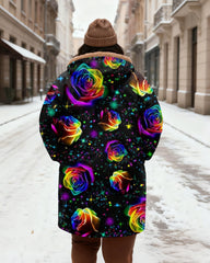 Women's Black-bottom Rainbow Rose Starry-print Velvet Thickened Long Hooded Coat