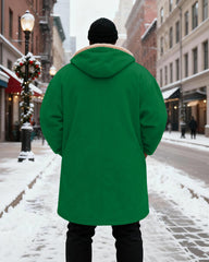 Big & Tall Men's Green Christmas Elves With Candy Cane Printed Velvet Thickened Long Hooded Coat