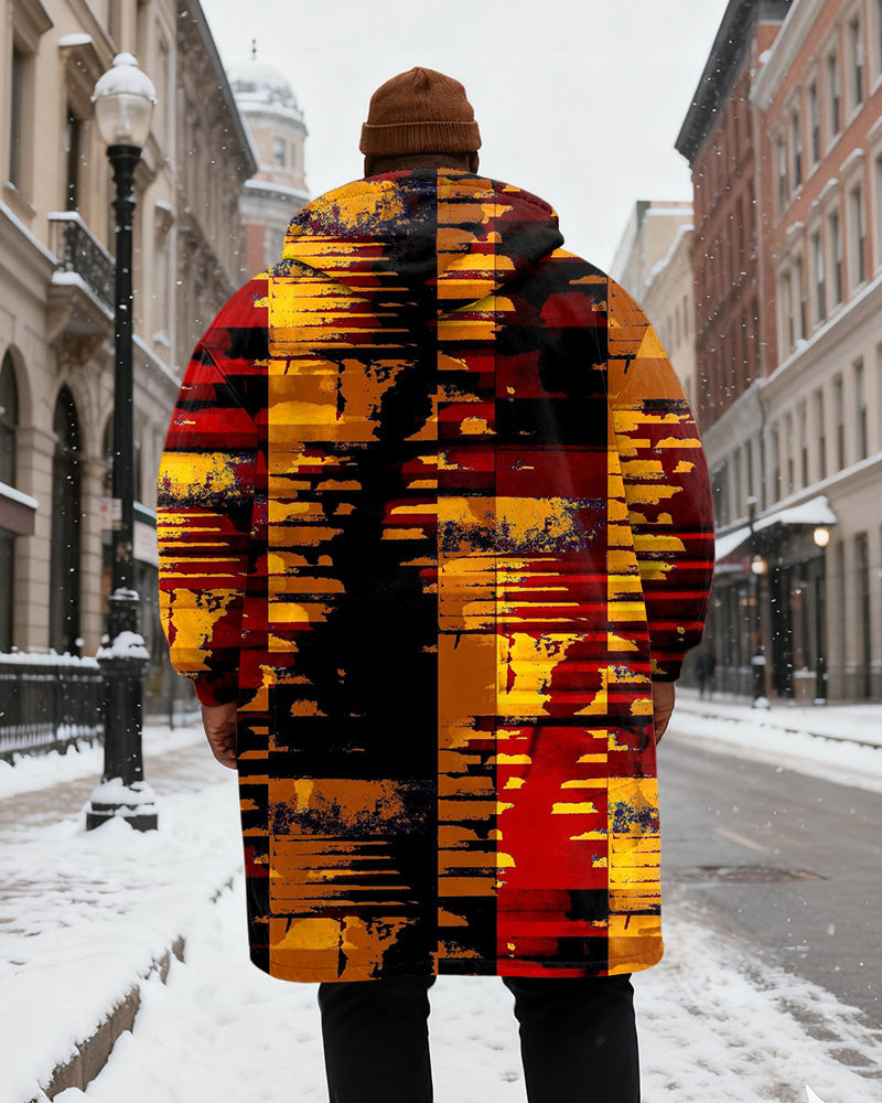 Big & Tall Men's Red And Yellow Contrast Abstract Graffiti Printed Velvet Thickened Long Hooded Coat