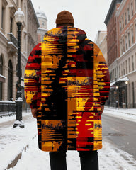 Big & Tall Men's Red And Yellow Contrast Abstract Graffiti Printed Velvet Thickened Long Hooded Coat