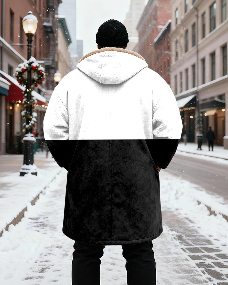 Big & Tall Men's Black And White Bump Color With Crown Letter Printed Velvet Padded Long Hooded Coat