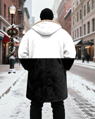 Big & Tall Men's Black And White Bump Color With Crown Letter Printed Velvet Padded Long Hooded Coat