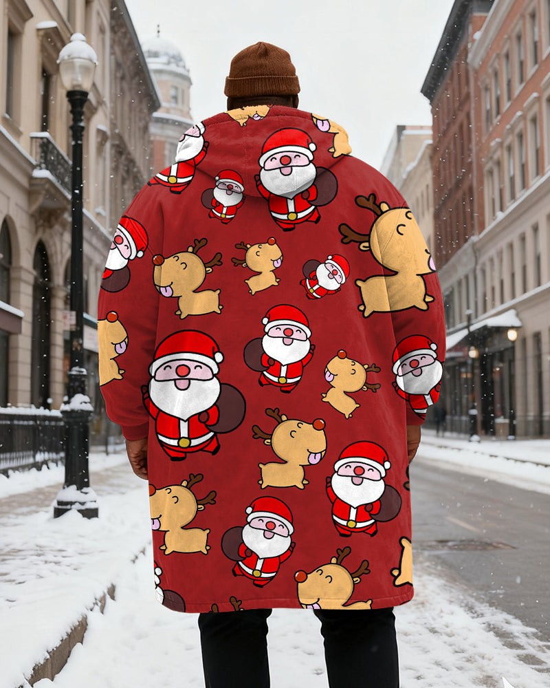 Big & Tall Men's Red Cartoon Santa Claus Elk Print Velvet Thickened Long Hooded Coat