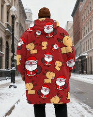 Big & Tall Men's Red Cartoon Santa Claus Elk Print Velvet Thickened Long Hooded Coat