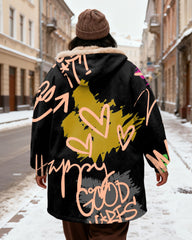 Women's Black Graffiti Letter Printed Velvet Thickened Long Hooded Coat