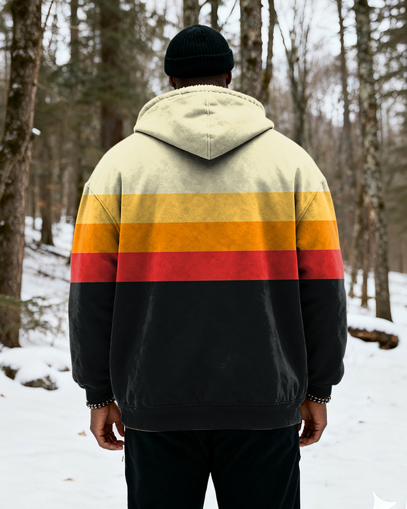 Big & Tall Men's Yellow Orange Red Black Contrast Striped Printed Velvet Thickened Zipper Hoodie