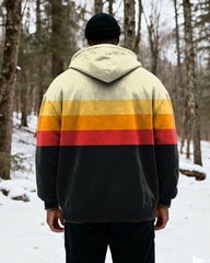 Big & Tall Men's Yellow Orange Red Black Contrast Striped Printed Velvet Thickened Zipper Hoodie