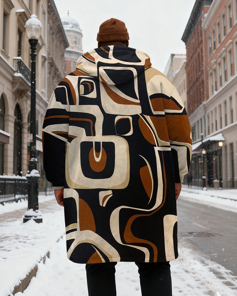 Big & Tall Men's Abstract Geometric Art Printed Velvet Thickened Long Hooded Coat