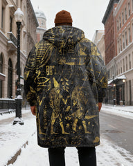 Big & Tall Men's Black Gold Egyptian Totem Printed Velvet Thickened Long Hooded Coat
