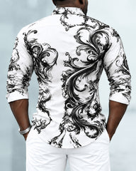 Big & Tall Men's Vintage Ink-wash Floral Pattern Print Long Sleeve Shirt