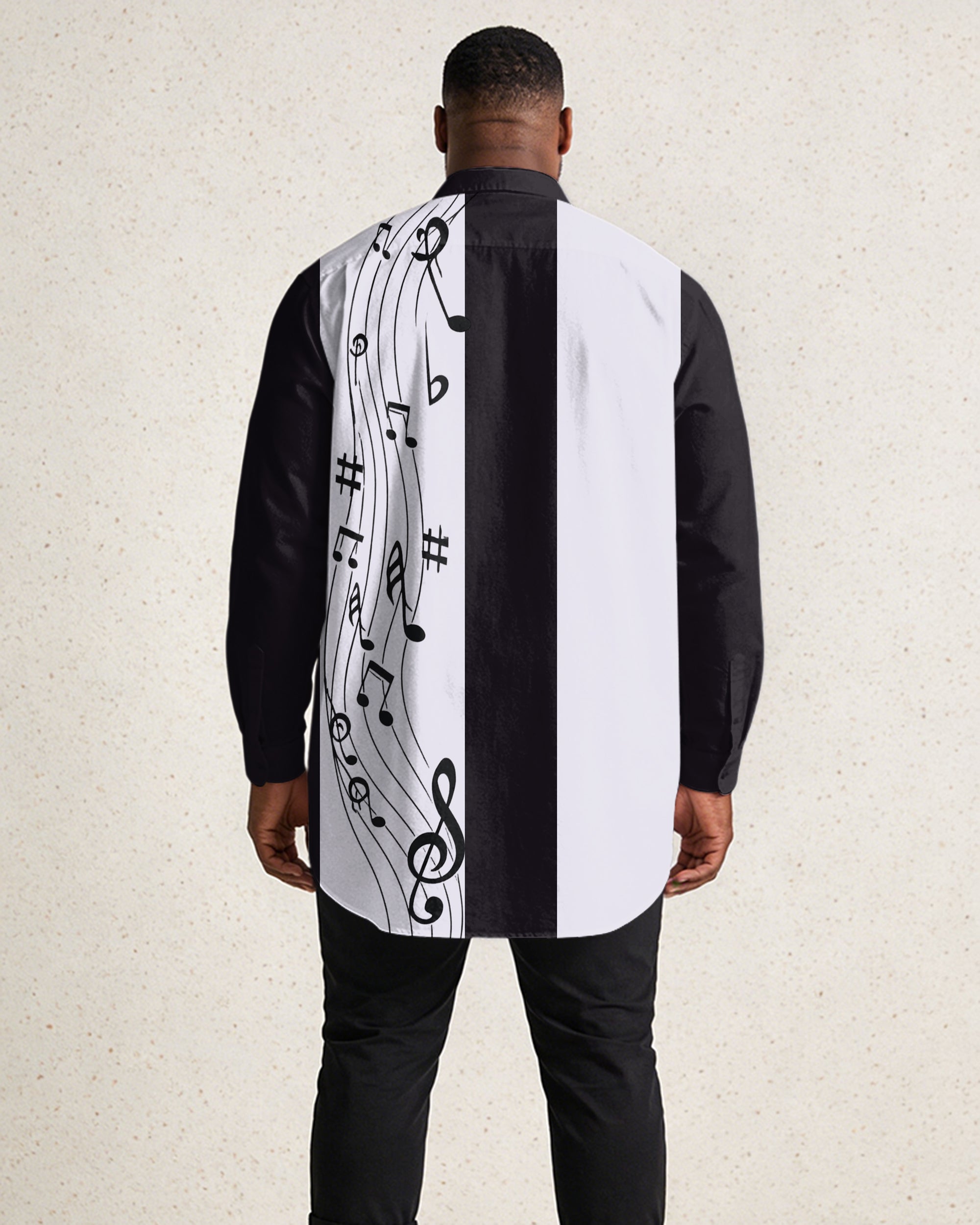 Men's Large Size Black, White Mosaic Music Pattern Print Long Sleeve Lapel Shirt