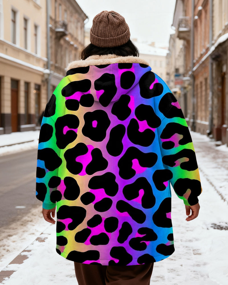 Women's Colorful Gradient Leopard Print Velvet Padded Long Hooded Coat