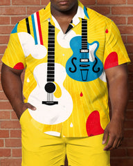 Big & Tall Men's Music Pattern Printed Yellow Short Sleeve Shirt Shorts Set