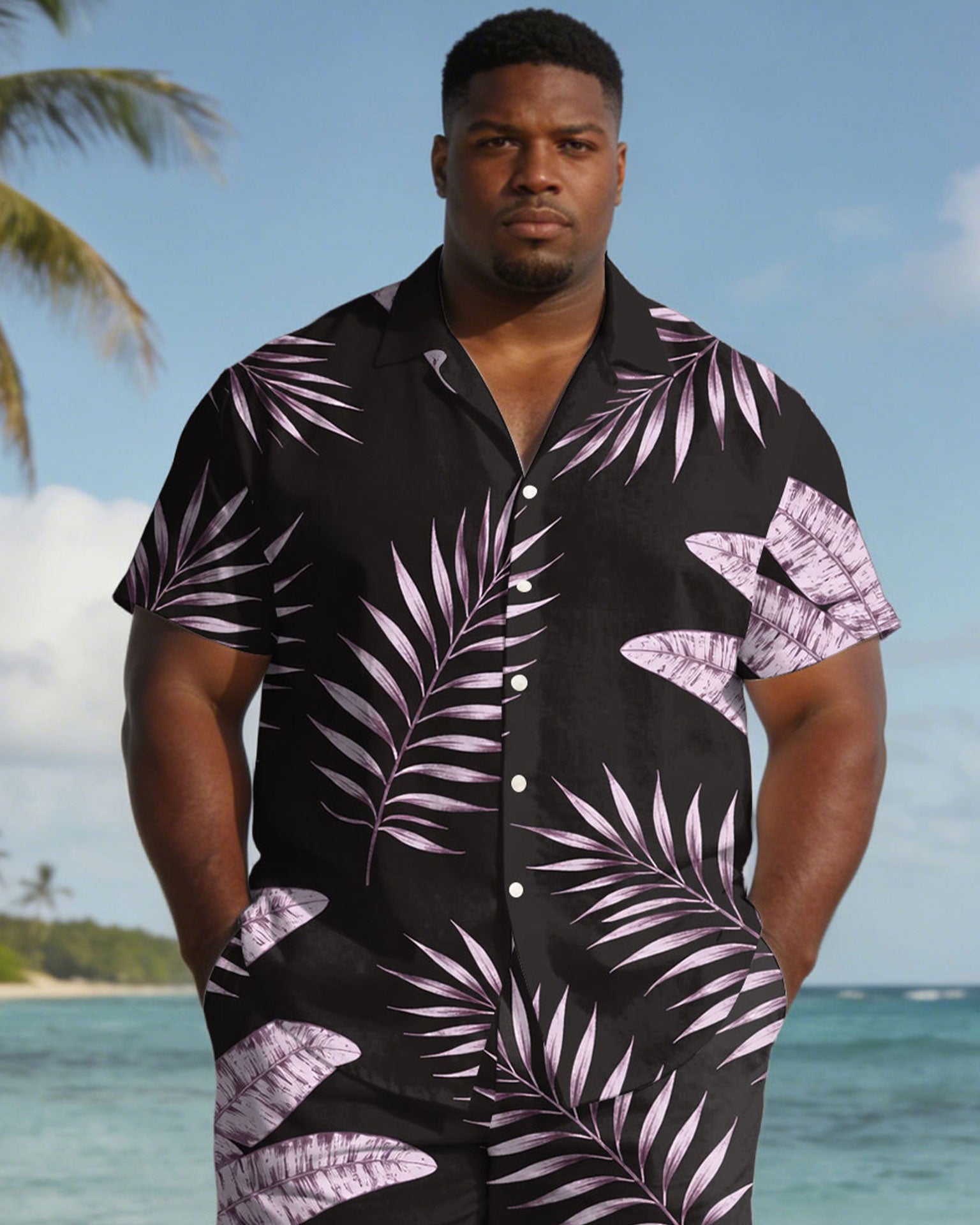 Men's Plus Size Black & Pink Leaf Print Short Sleeve Shirt Shorts Set