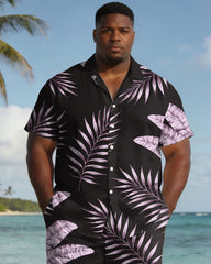 Men's Plus Size Black & Pink Leaf Print Short Sleeve Shirt Shorts Set