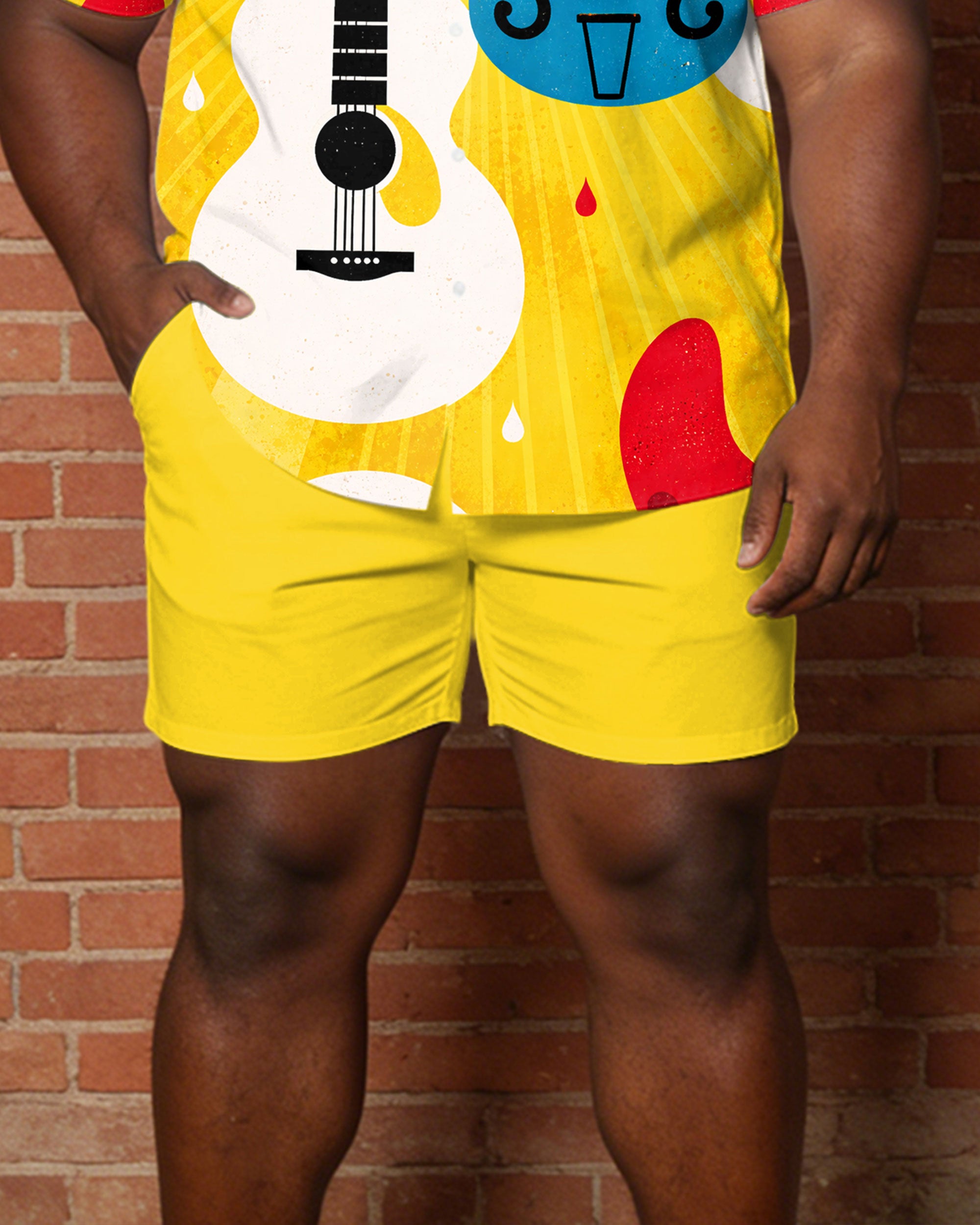 Big & Tall Men's Music Pattern Printed Yellow Short Sleeve Shirt Shorts Set